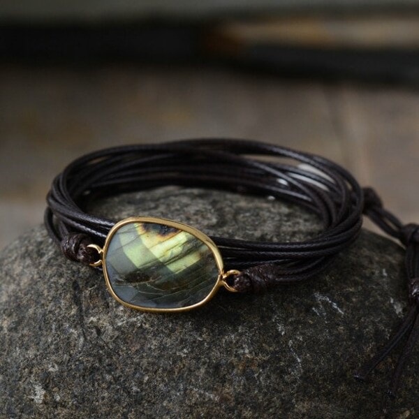 Bracelet wrap en simili-cuir marron et Labradorite