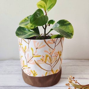 May include: A potted plant with green and yellow variegated leaves in a fabric planter with a floral pattern. The planter has a brown bottom band and a white background with pink and yellow flowers.
