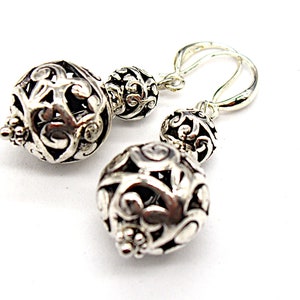 Silver Ball Earrings, Tibetan Filigree Beaded Earrings, Dangly Drop Earrings, Sterling Silver, Unusual Jewellery, Gift for Her, In the UK image 2