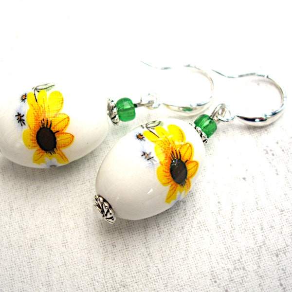Sunflower Earrings, Handmade Yellow Flower Dangle Earrings, Unusual Gifts for Wife, Sterling Silver, Gifts for Girlfriend, Gifts for Her