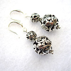 Silver Ball Earrings, Tibetan Filigree Beaded Earrings, Dangly Drop Earrings, Sterling Silver, Unusual Jewellery, Gift for Her, In the UK image 3