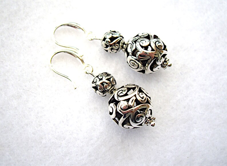 Silver Ball Earrings, Tibetan Filigree Beaded Earrings, Dangly Drop Earrings, Sterling Silver, Unusual Jewellery, Gift for Her, In the UK image 3