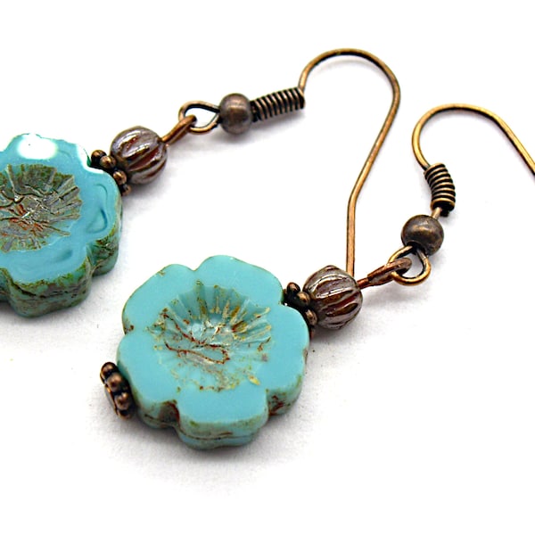 Blue flower earrings with Czech glass beads, Blue floral copper earrings, Blue glass bead earrings, Handmade in Britain, Gift for her