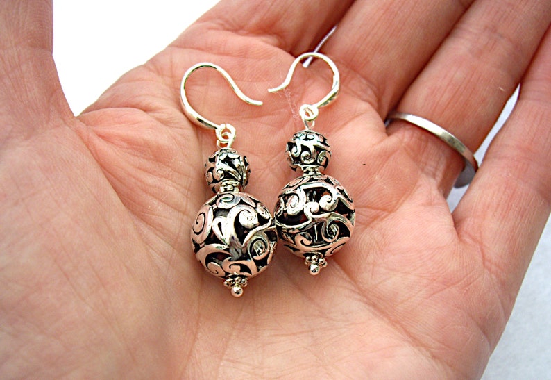 Silver Ball Earrings, Tibetan Filigree Beaded Earrings, Dangly Drop Earrings, Sterling Silver, Unusual Jewellery, Gift for Her, In the UK image 5