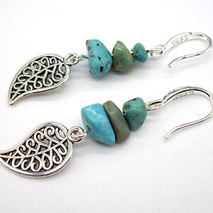 Turquoise Earrings, Dangly Turquoise Chip Earrings, Natural Gemstone Boho Jewellery Gift for Her UK, Unique Unusual Hippie Leaf Earrings