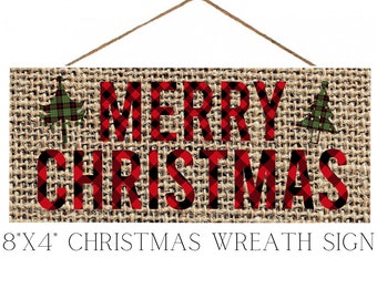 Christmas Wreath Sign, Burlap and Plaid Wreath Accent, Christmas Sign, Door Christmas Sign, Whimsical Christmas, Bulk Ordering Available