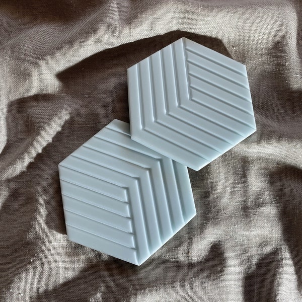 Hexagon Illusion Coasters Set, Modern Geometric Coasters, White Light Green Corian, Gift for architects