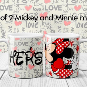 HIS and HERS mugs with Mickey and Minnie mouse printed on a Love background on this Mug Disney Set of 2 ideal for Anniversary Gift afbeelding 3