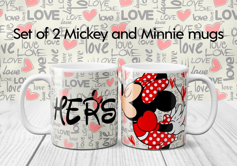 HIS and HERS mugs with Mickey and Minnie mouse printed on a Love background on this Mug Disney Set of 2 ideal for Anniversary Gift afbeelding 3