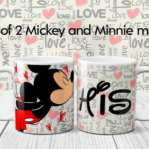 HIS and HERS mugs with Mickey and Minnie mouse printed on a Love background on this Mug Disney Set of 2 ideal for Anniversary Gift afbeelding 2