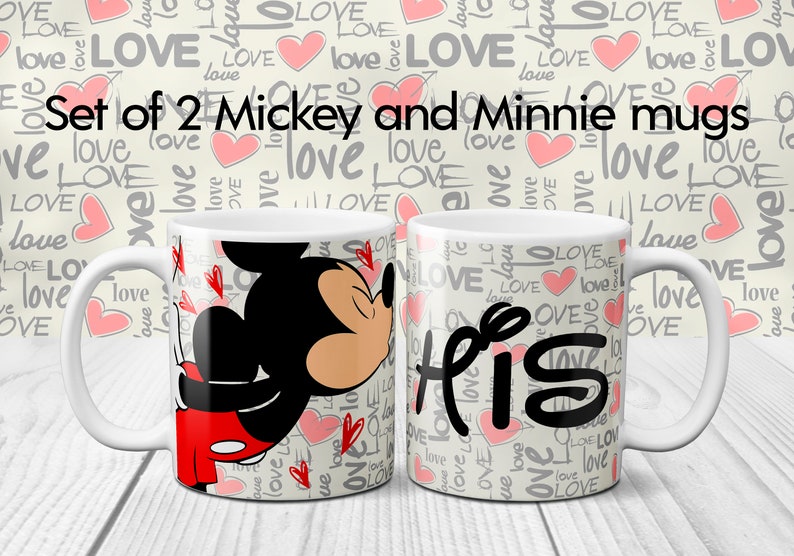 HIS and HERS mugs with Mickey and Minnie mouse printed on a Love background on this Mug Disney Set of 2 ideal for Anniversary Gift afbeelding 2