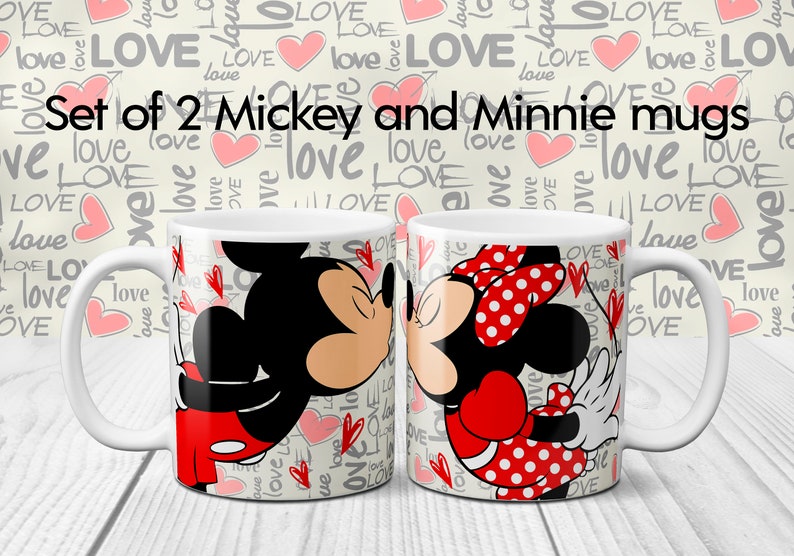 HIS and HERS mugs with Mickey and Minnie mouse printed on a Love background on this Mug Disney Set of 2 ideal for Anniversary Gift afbeelding 1