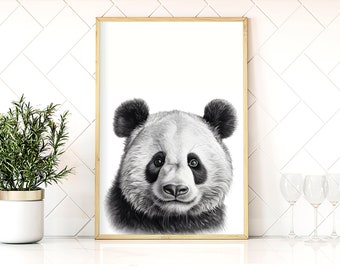 Zwart-witte baby Panda gezicht kunst aan de muur in hoge resolutie, dierenmuurkunst, zwart-witte muurkunst, AI Wall Art, afdrukbare kunst