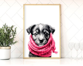 Puppy draagt een roze sjaal hoge resolutie bestanden, dierenmuurkunst, zwart-witte muurkunst, AI Wall Art, AI Generated, Digital Wall Art