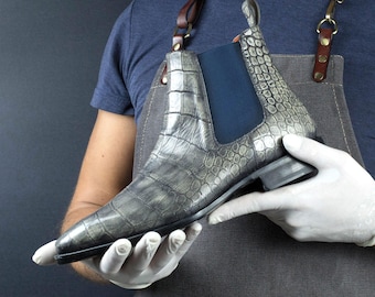 Botas Chelsea Goodyear Welt con pátina de ceniza de cocodrilo para hombre, edición limitada