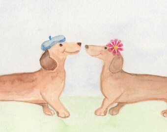 orginele handgeschilderde aquarel van twee teckels, jamnik, limefde, verloving, bruiloft