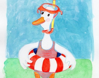 orginele handgeschilderde aquarel van een zwemfeestje, eend met zwemband, zwemdiploma, snorkelen