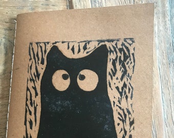 schrift - backtoschool-boekje - kleine Black Cat Linosnede - Prenten & gravures - Dierenkunst - handgedrukt - Kunst - Linoafdruk - notitieboekje