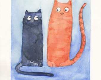 originele handgeschilderde aquarel van een kat katten