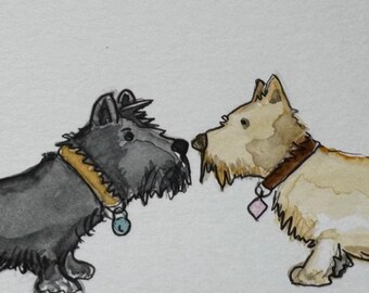 Malowane ręcznie, akwarela, szkockie teriery, sztuka psów, westie, dekoracja, ilustracja psów