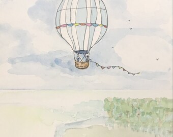 originele handgeschilderde aquarel van luchtballon, in een landschap