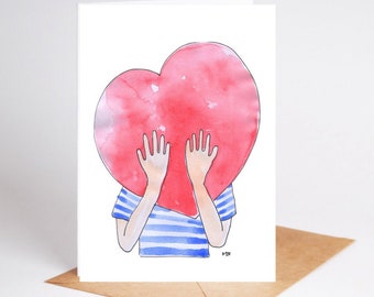 Kartka z pozdrowieniami, blauw, bretonse streep, hart, aquarel, blanco binnenkant, vriendschap, Liefde, met enveloppe