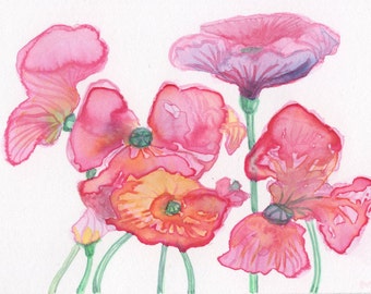 orginele handgeschilderde aquarel van bloemen, klaproos, roze, homedecor, origineel schilderij