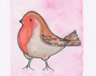 originele handgeschilderde aquarel van een roodborstje, vogel, roze, homedecor, origineel schilderij