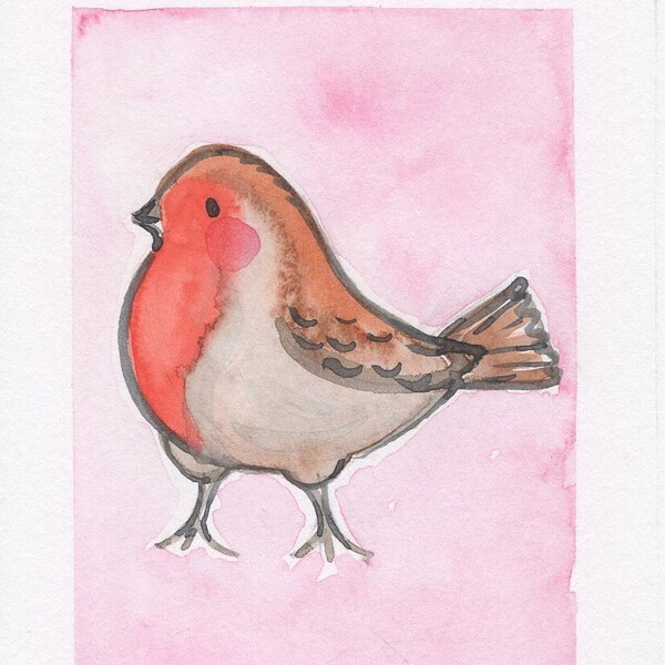 orginele handgeschilderde aquarel van een roodborstje, vogel, rosa, homedecor, original malerei