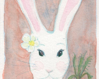 orginele handgeschilderde aquarel van een konijn, genaamd miss dior, meisjes, kinderkamer, babykamer,