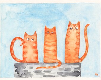 orginele handgeschilderde aquarel van een kat katten