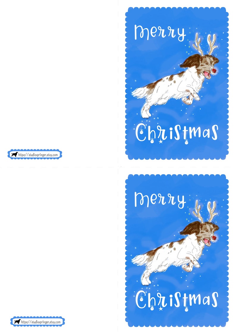 DIGITALE kerstkaart sluitsticker BUNDEL afdrukbare kerstkaart, engelse springer spaniel, rendier, hond, spaniel, GRATIS printbare envelop afbeelding 4
