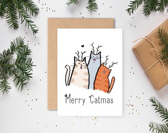 DIGITALE kerstkaart en sluitsticker• BUNDEL • afdrukbare kerstkaart, cat, katten kaart-kerstkaart, zingende katten, directe download