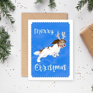 DIGITALE kerstkaart sluitsticker BUNDEL afdrukbare kerstkaart, engelse springer spaniel, rendier, hond, spaniel, GRATIS printbare envelop afbeelding 1