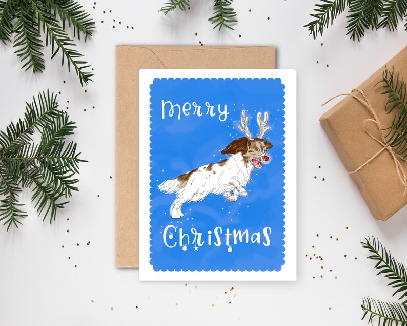 DIGITALE kerstkaart sluitsticker BUNDEL afdrukbare kerstkaart, engelse springer spaniel, rendier, hond, spaniel, GRATIS printbare envelop afbeelding 1