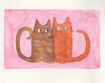originele handgeschilderde aquarel van katten, rode kater, bruine kat, vriendschap, verliefd, verloofd, origineel schilderij