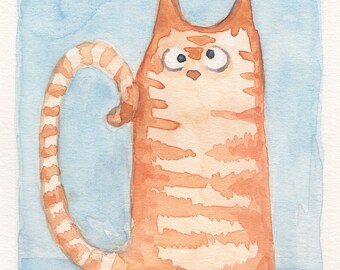 orginele handgeschilderde aquarel van katten, rode kater, origineel schilderij