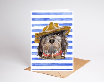 Greetingcard, blauw, bretonse streep, hond, aquarel, blanco binnenkant , vriendschap, griffon, dachshund, funny, met enveloppe
