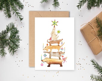 DIGITALE kerstkaart en sluitsticker BUNDEL  afdrukbare kerstkaart, teckel, dachshund dachsie, badger dog, en een GRATIS printbare envelop