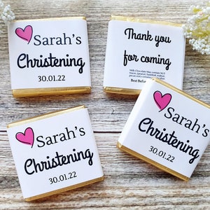 Personalised Chocolate Pink Heart Christening Party Favours Baptism Neapolitan Squares Table Decoration