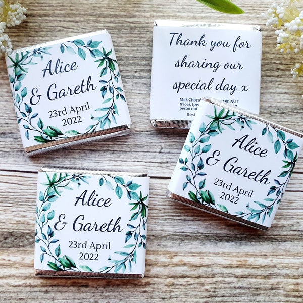 Personalised Chocolate Green Wreath of Leaves Wedding Party Favours, Neapolitan Squares Table Decoration