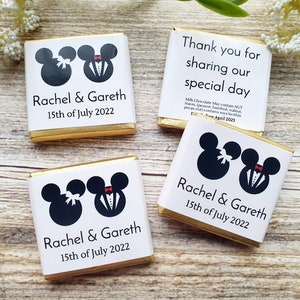 Personalised Chocolate Mickey and Minnie Mouse Bride and Groom Couple Wedding Party Favours, Neapolitan Squares Table Decorations