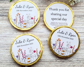 Personalised Chocolate Coins Wild Flowers Boho Wedding Party Favours Table Decoration