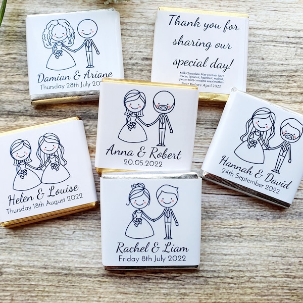 Personalised Chocolate Mr & Mrs Bride and Groom Couple Gay Wedding Party Favours, Neapolitan Squares Table Decorations