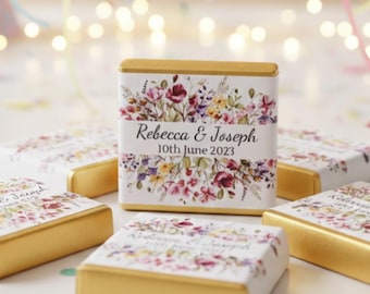 Personalised Chocolate  Dark Pink & Green Wild Flowers, Party Favours, Neapolitan Squares, Table Decoration