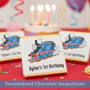 Personalised Chocolate Thomas The Train Birthday Children's Party Favours, Neapolitan Squares, Table Decorations