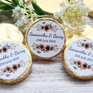 Personalised Sunflowers Names and Date,  Dark Chocolate Mini Mint Crisps Wedding Vegan Party Favours Table Decoration
