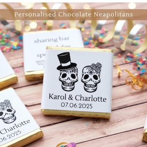 Personalised Chocolate: Black & White Skulls Goth Wedding Party Favours, Neapolitan Squares, Table Decorations afbeelding 1
