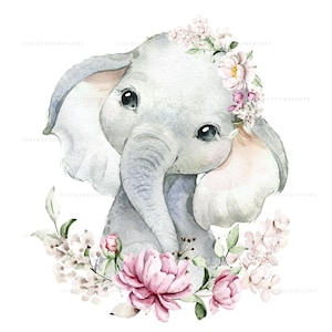 Watercolour Digital Elephant | Baby Pink & Green Flowers | Instant Download PNG Clipart
