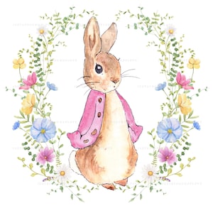 May include: Watercolor illustration of a brown bunny wearing a pink jacket, surrounded by a floral wreath of blue, pink, yellow, and white flowers. The bunny has long ears and a sweet expression, perfect for nursery decor or children's art.